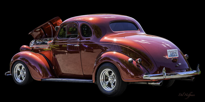 Maroon Vintage Car — Dramatic, Photograph, Open Hood