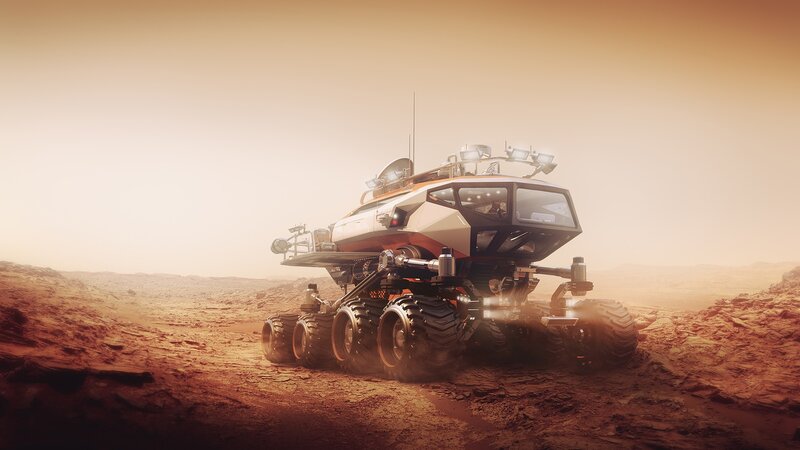 Mars Rover on Red Planet — Brown, Desolate, 3d Render, Dusty Terrain