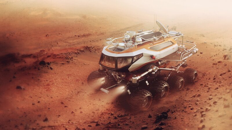 Mars Rover on Red Planet — Desolate, 3d Render, Dust Storm