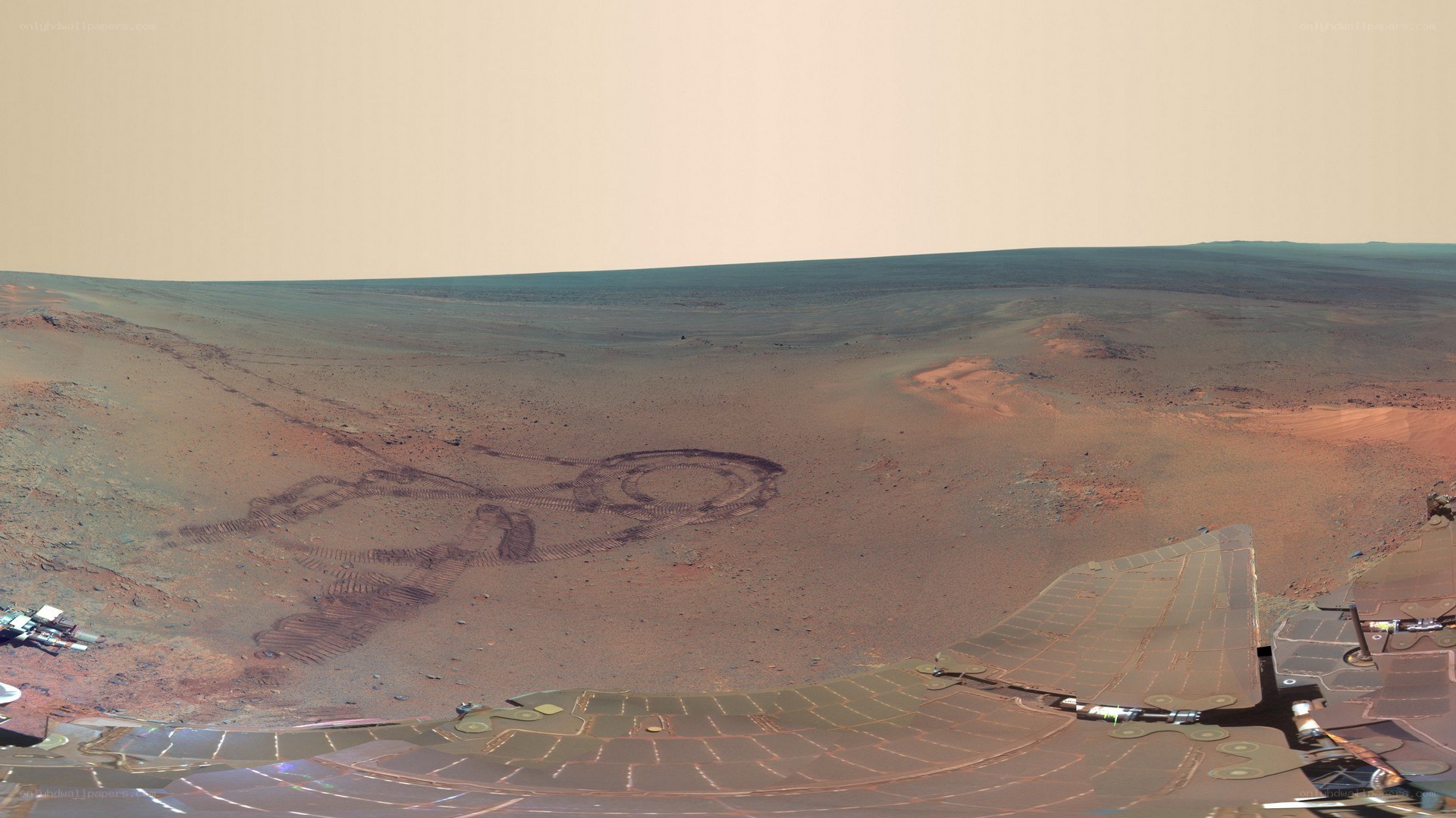 Mars rover tracks on the surface