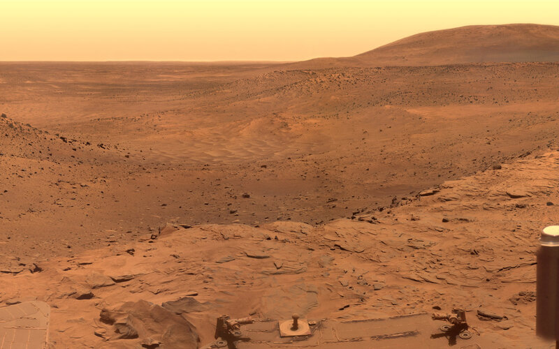 Mars rover view of red landscape
