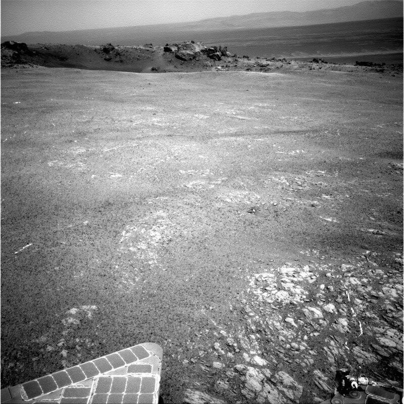 Mars rover view of rocky terrain