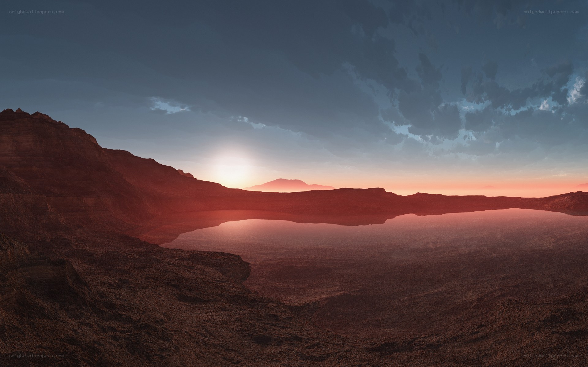 Mars sunset over crater lake