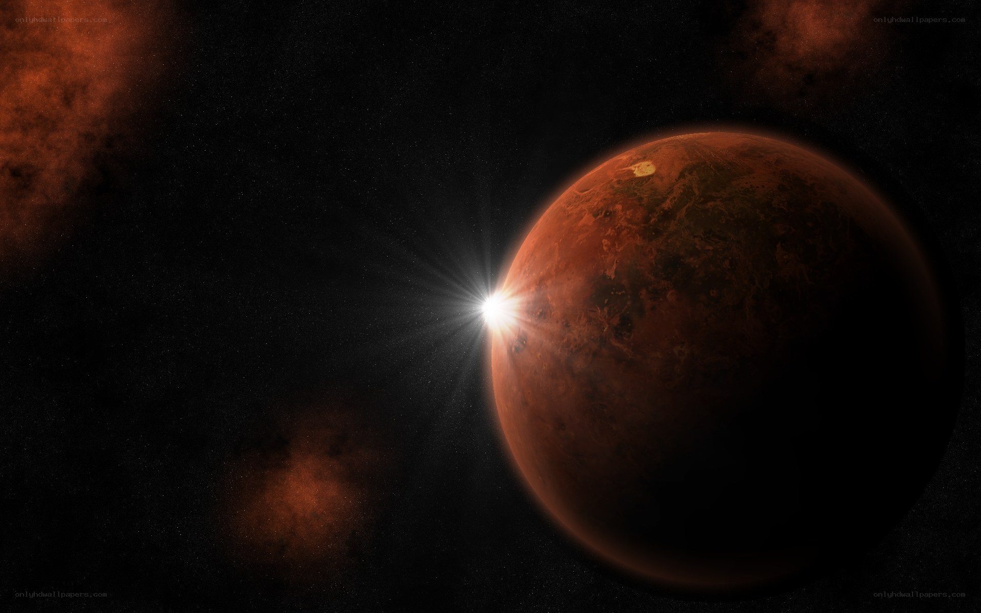 Mars with sunburst