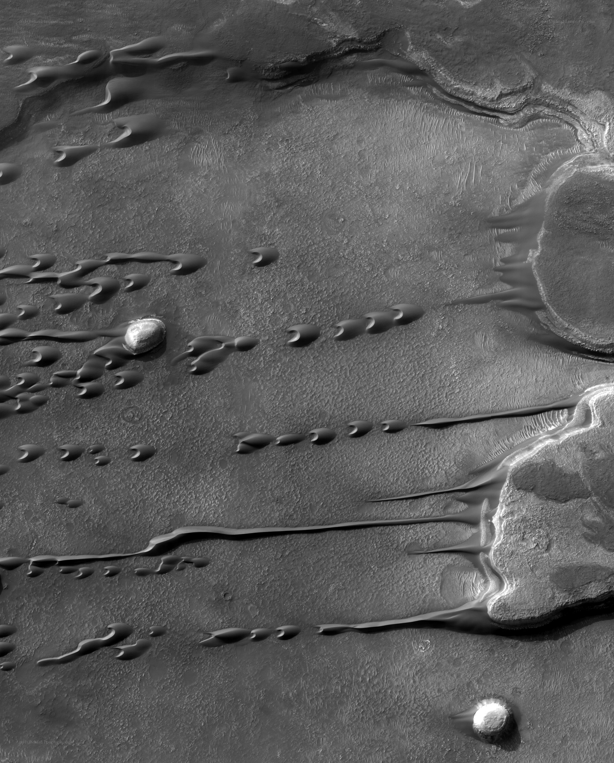 Martian surface with rock trails