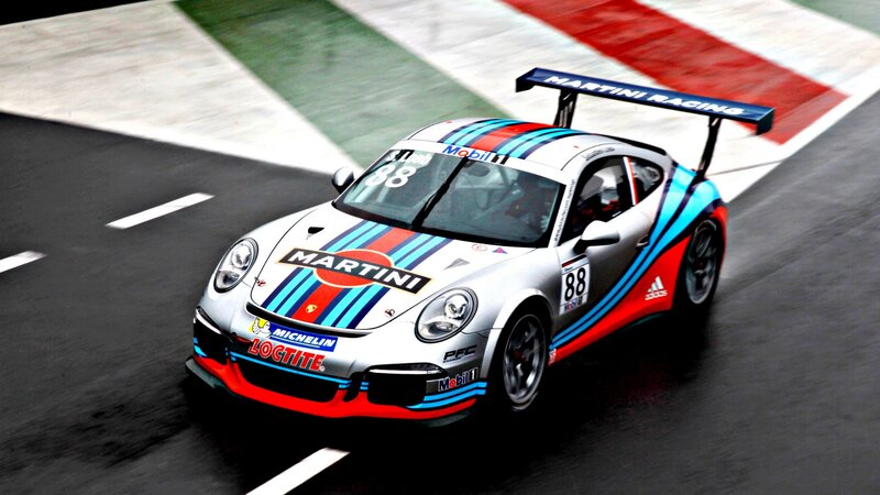 Martini Porsche racing on track