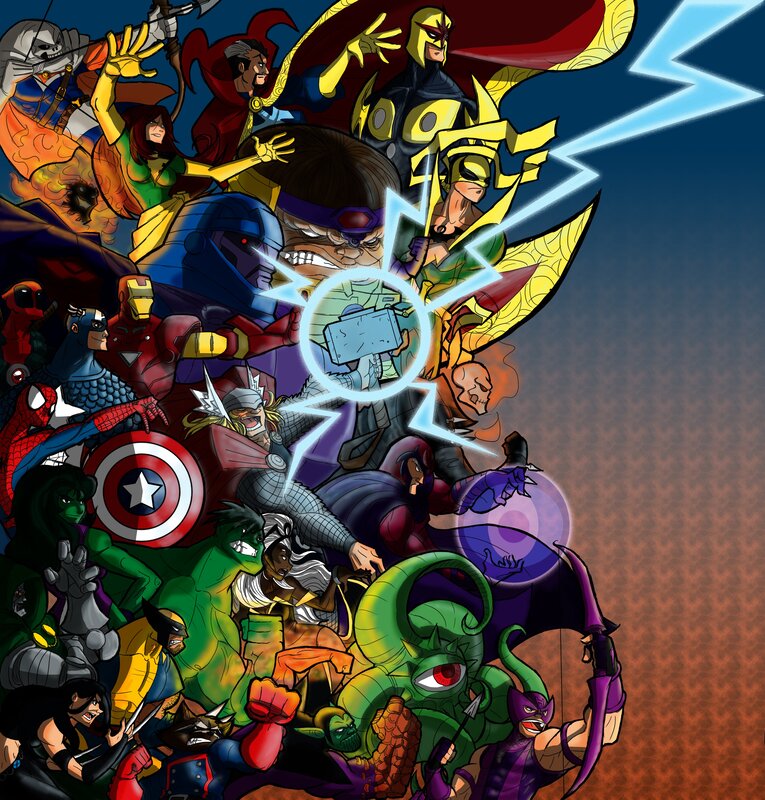 Marvel superhero battle collage