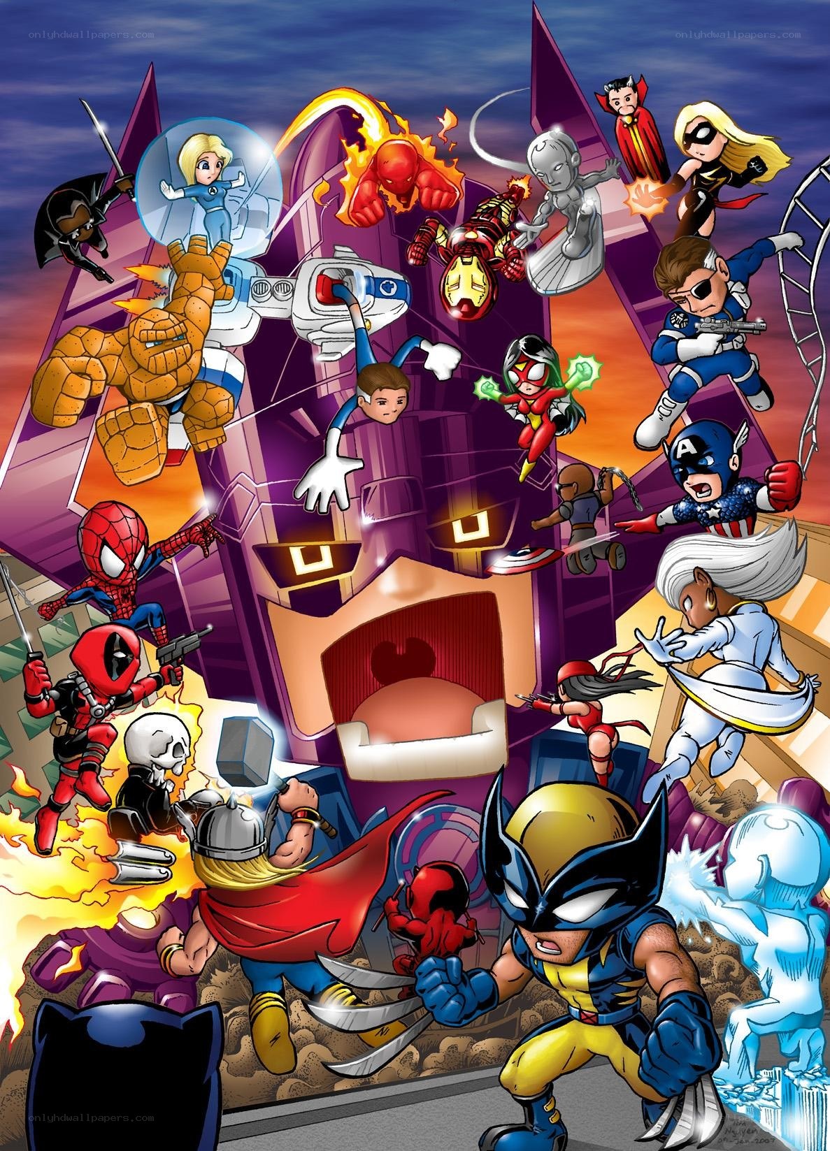Marvel superheroes battle giant robot