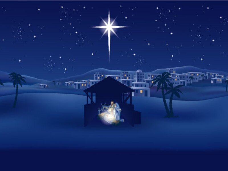 Mary and Baby Jesus — Blue, Serene, Night, Illustration