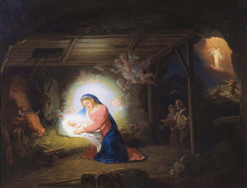 Mary and Baby Jesus — Blue, Serene, Night, Painting, Angels