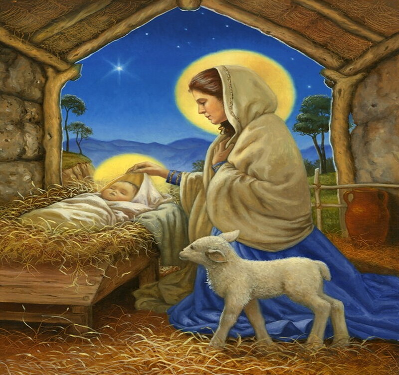 Mary and Baby Jesus — Blue, Serene, Night, Painting