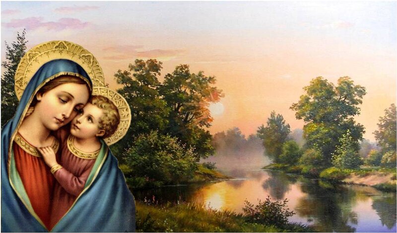 Mary and Baby Jesus — Blue, Serene, Sunset