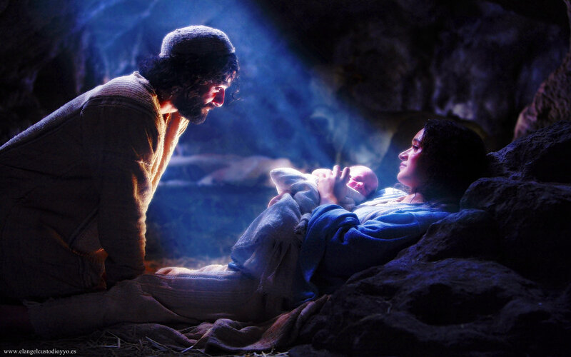 Mary and Joseph with Baby Jesus — Blue, Dramatic