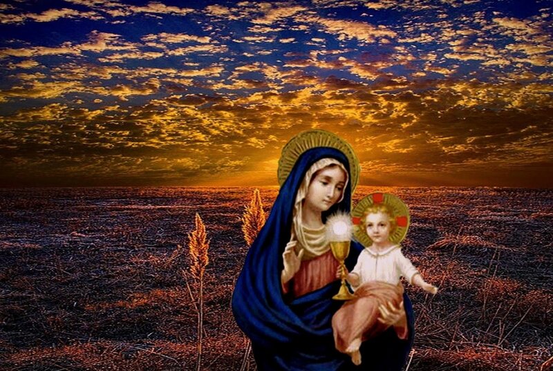 Mary Holding Baby Jesus — Blue, Dramatic, Sunset