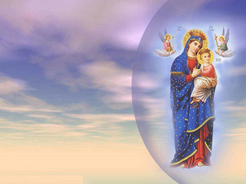 Mary Holding Baby Jesus — Blue, Serene, Illustration, Angels