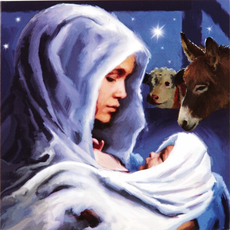 Mary Holding Baby Jesus — Blue, Serene, Night, Painting, Donkey