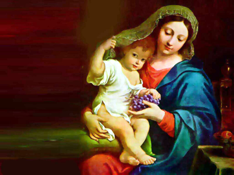 Mary Holding Baby Jesus — Blue, Serene, Painting, Grapes