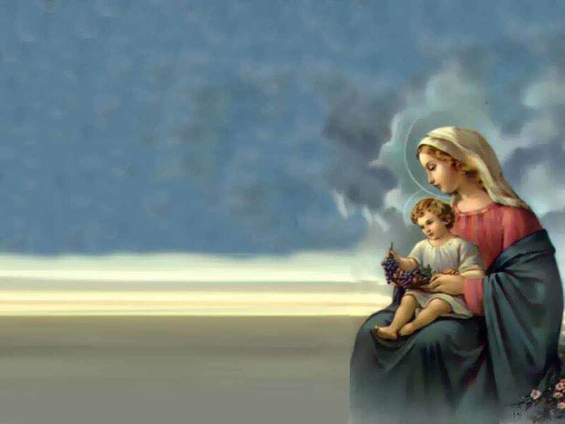 Mary Holding Baby Jesus — Blue, Serene, Painting