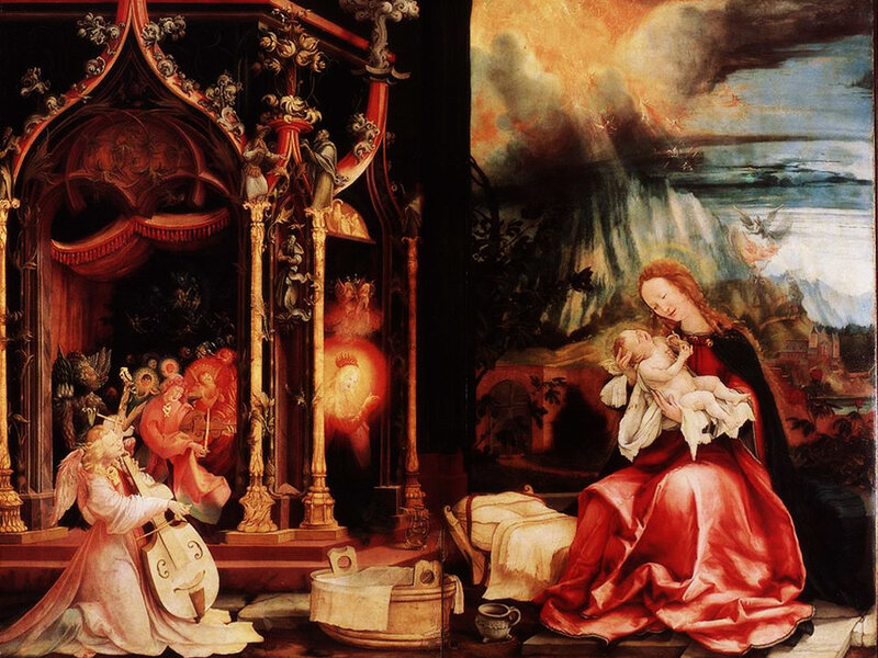 Mary Holding Baby Jesus — Red, Dramatic, Painting
