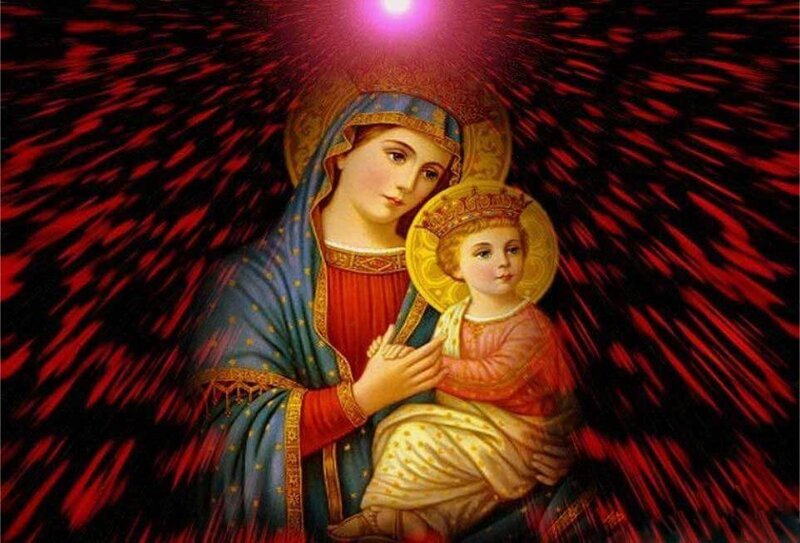 Mary Holding Baby Jesus — Red, Dramatic