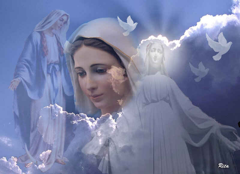 Mary with doves and clouds