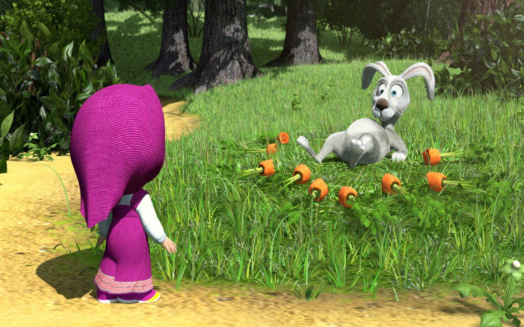 Masha and the rabbit in garden