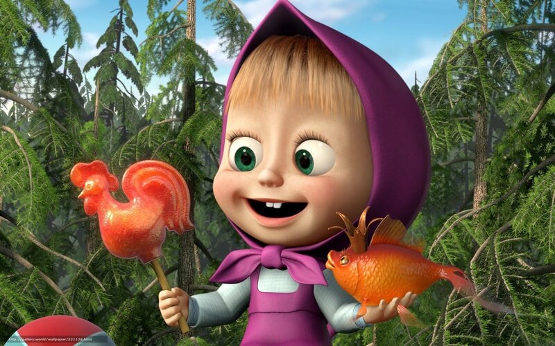 Masha with candy and fish