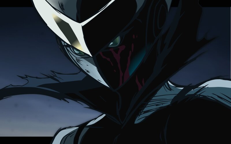 masked character with blood