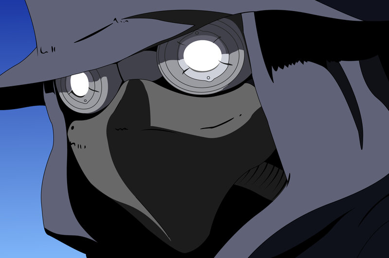 masked character with glowing eyes
