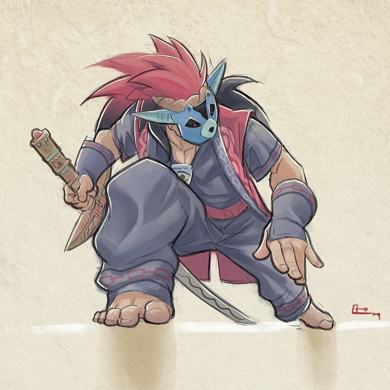 Masked Character with Sword — Blue, Dramatic