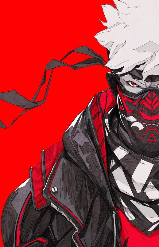 Masked Character with White Hair — Red