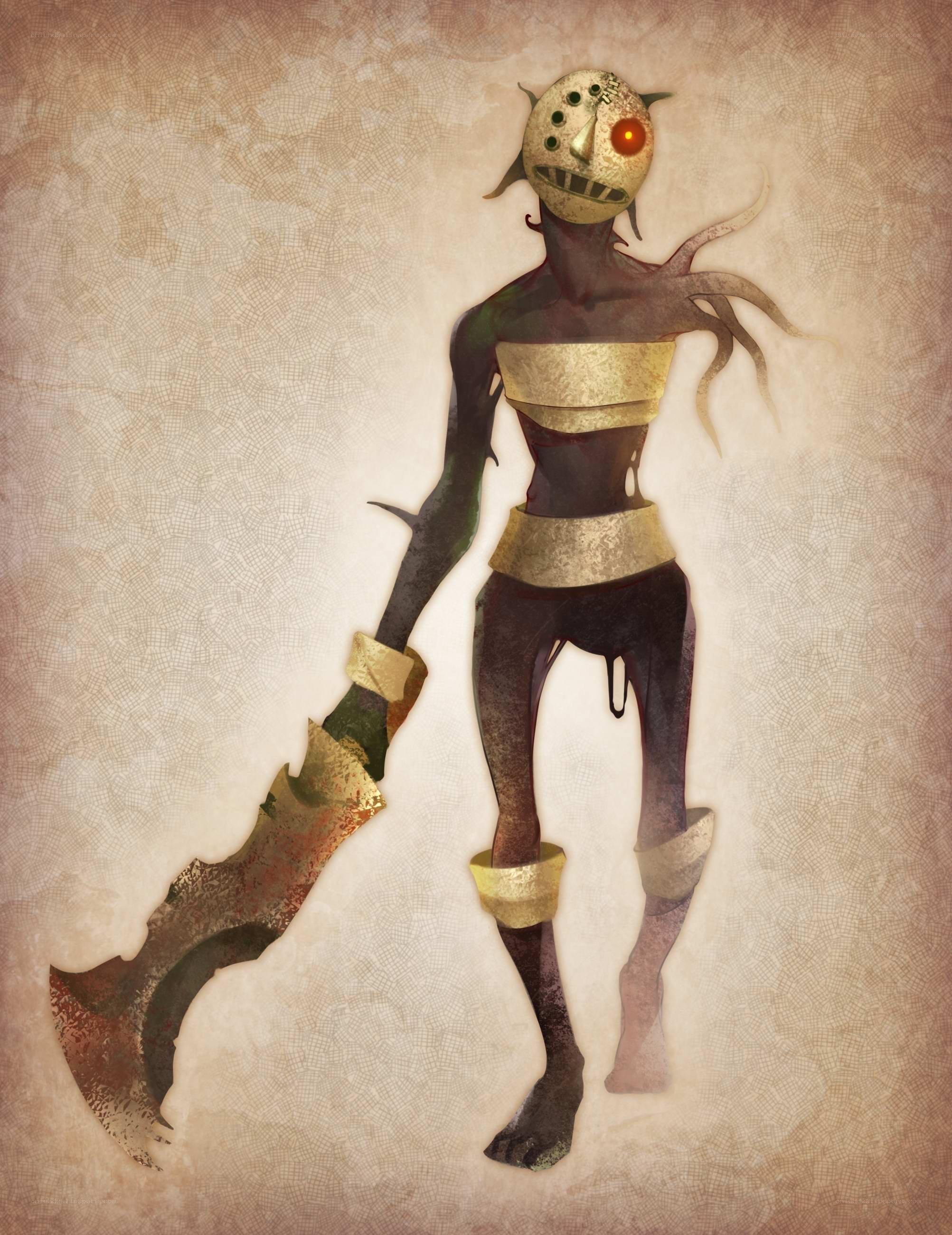 masked creature with axe