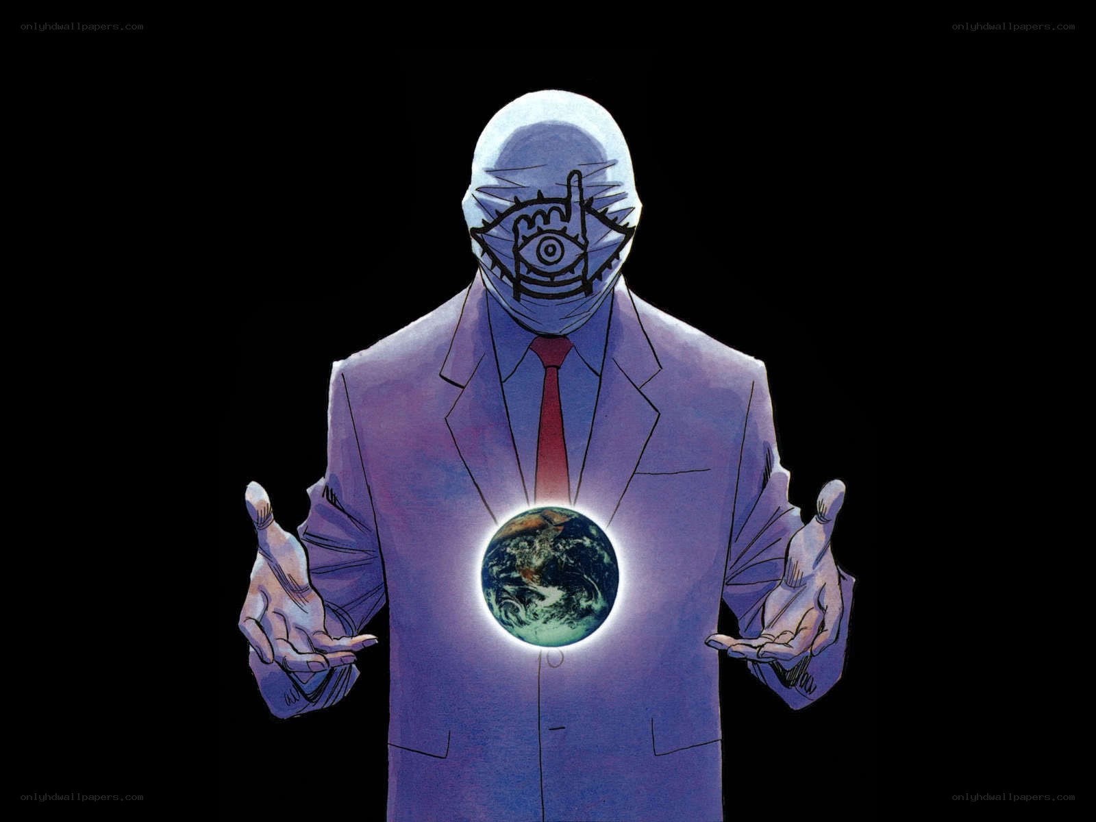 masked figure holding earth
