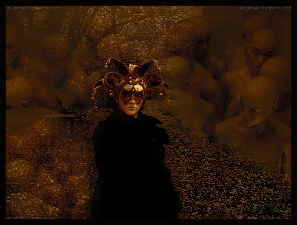 Masked figure in autumn forest