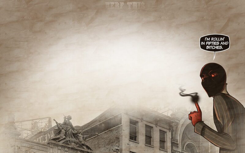 masked figure in cityscape