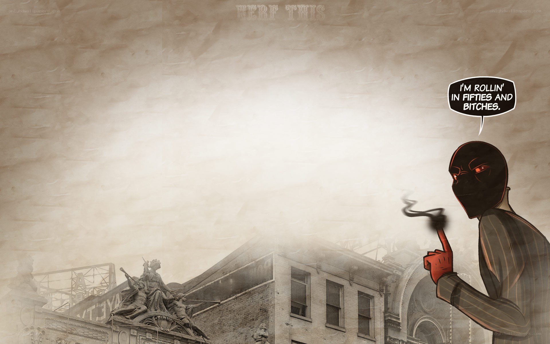masked figure in cityscape