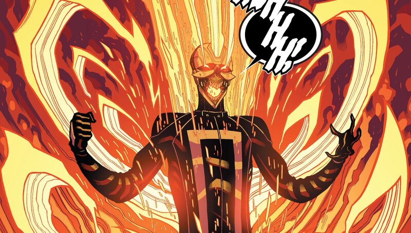Masked Figure in Flames — Red