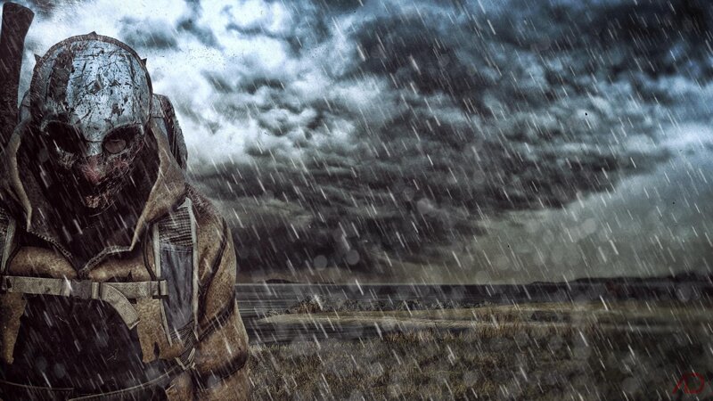 Masked Figure in Rain — Gray