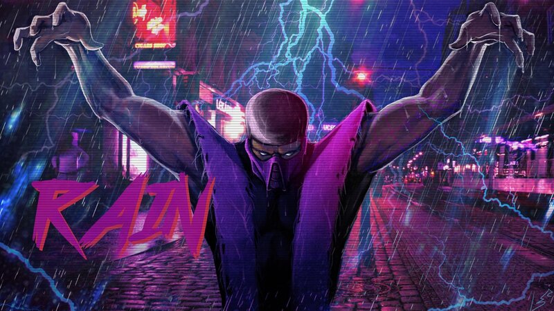Masked Figure in Rain — Purple