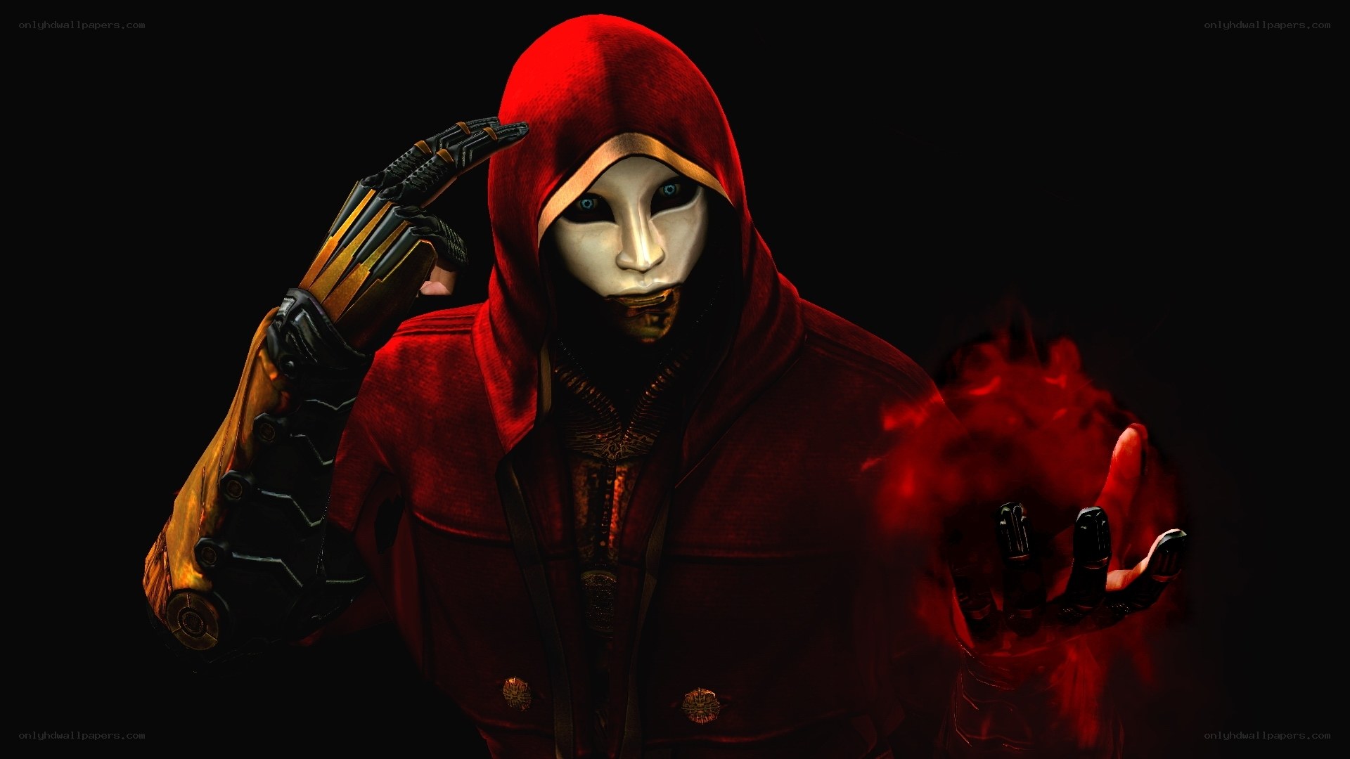 masked figure in red hood