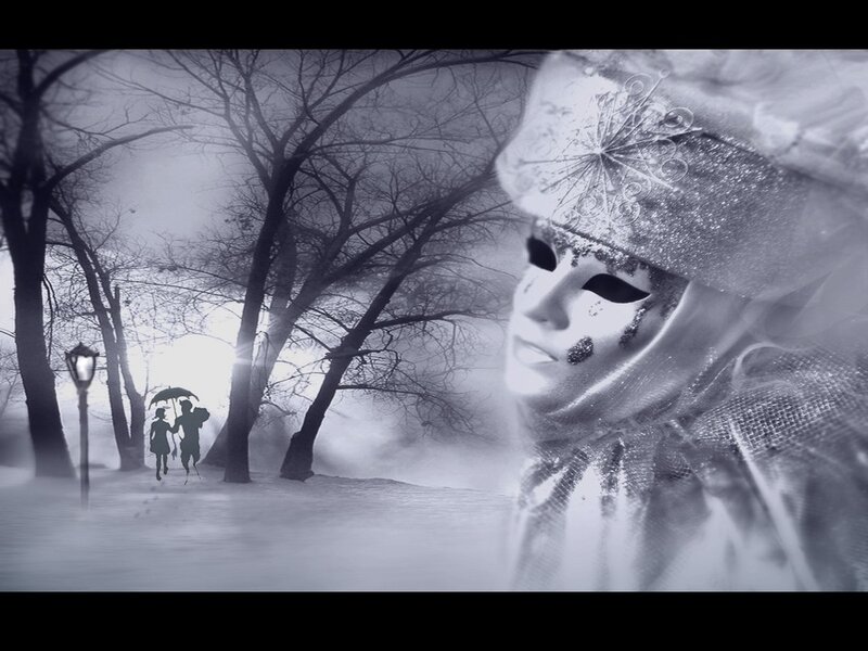 Masked figure in snowy park