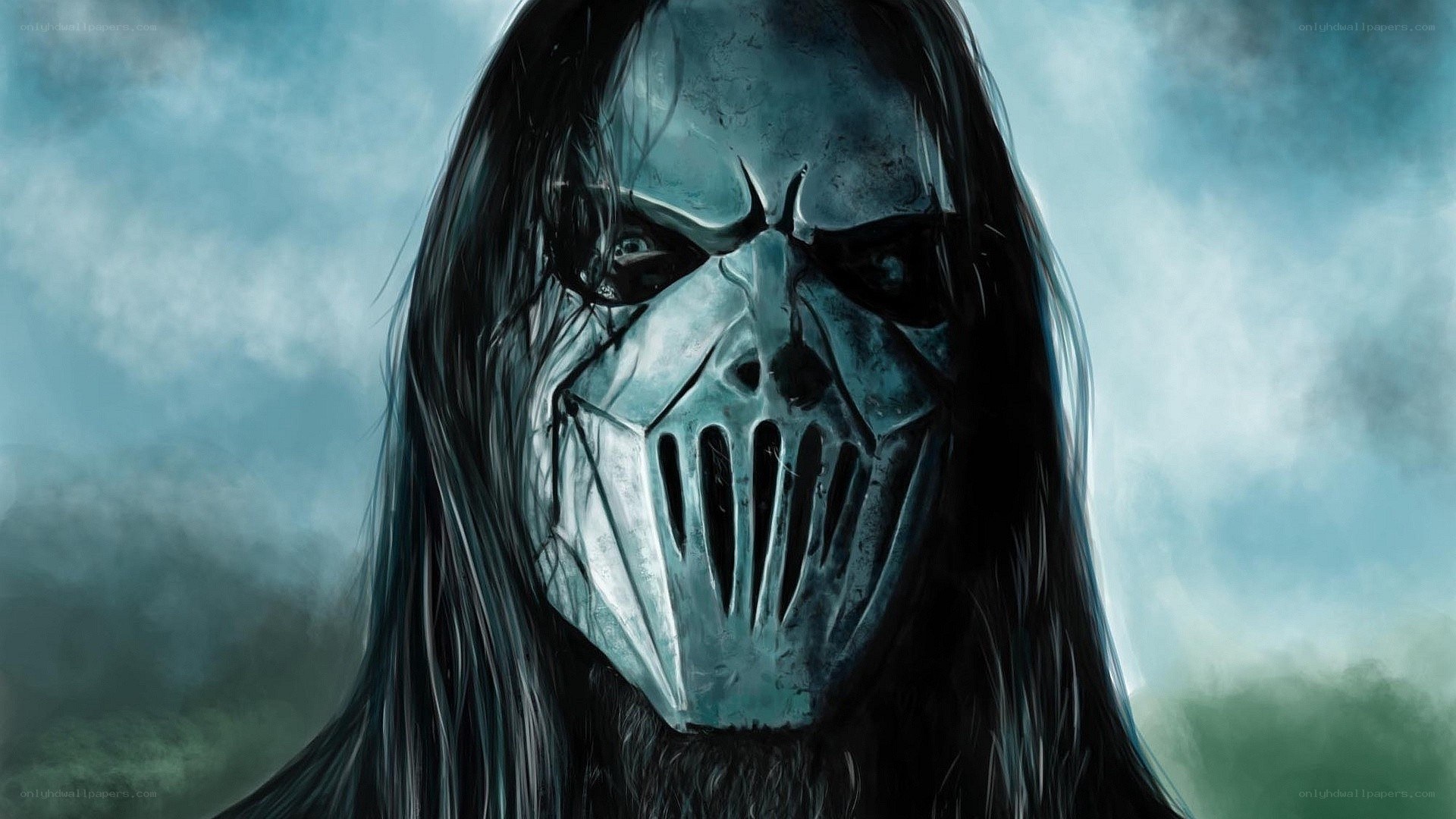 masked figure in stormy sky