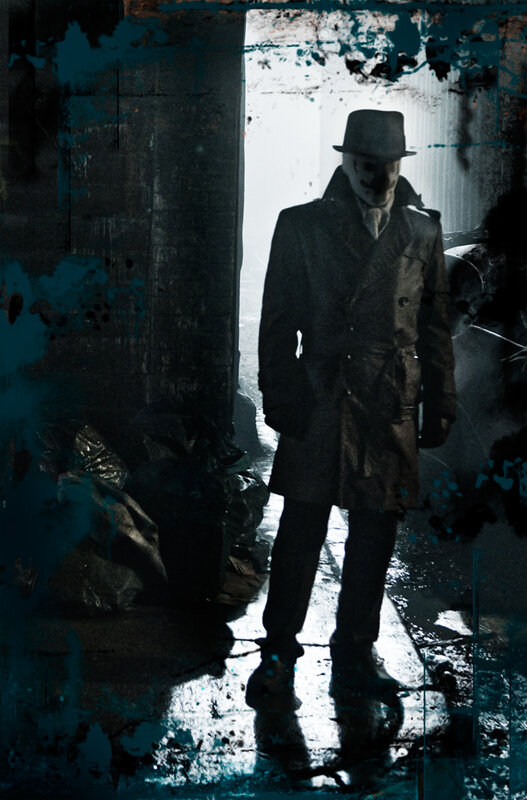 masked figure in trench coat