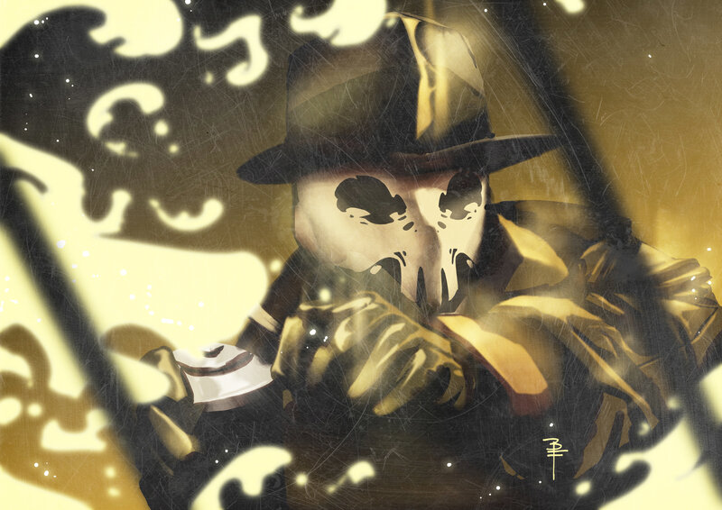 masked figure in trench coat
