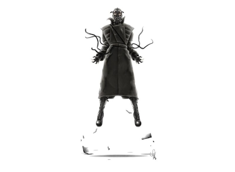 masked figure in trench coat