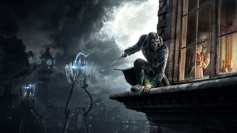 Masked Figure on Ledge — Black, Dramatic