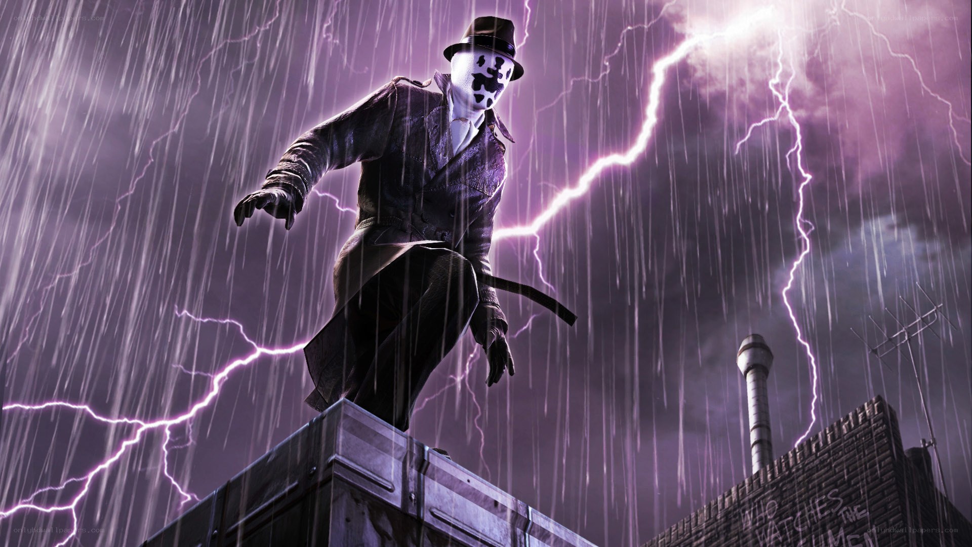 masked figure on rooftop in storm