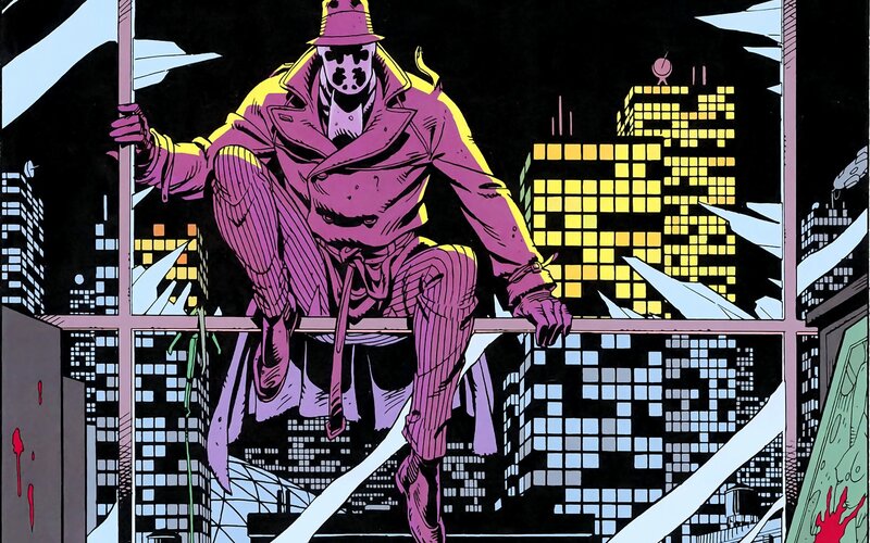 Masked Figure on Rooftop — Purple, Dramatic