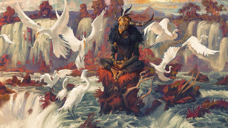 Masked Figure with Birds