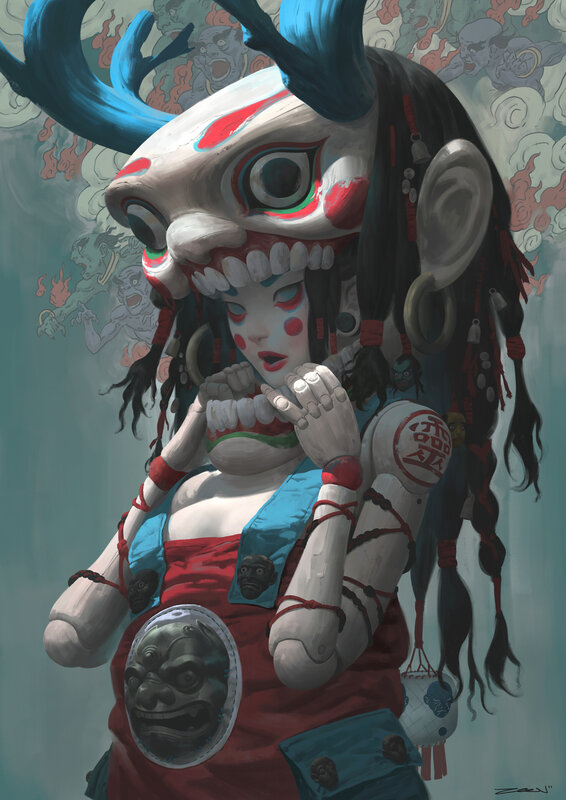 Masked Figure with Blue Horns
